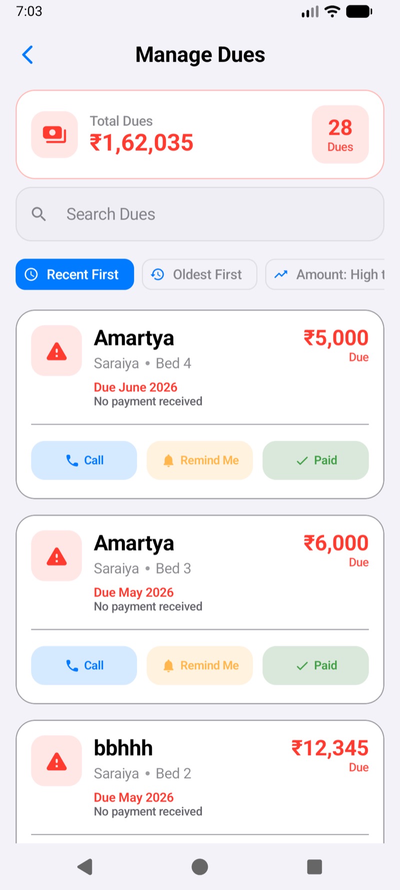 Track Rent Collection interface