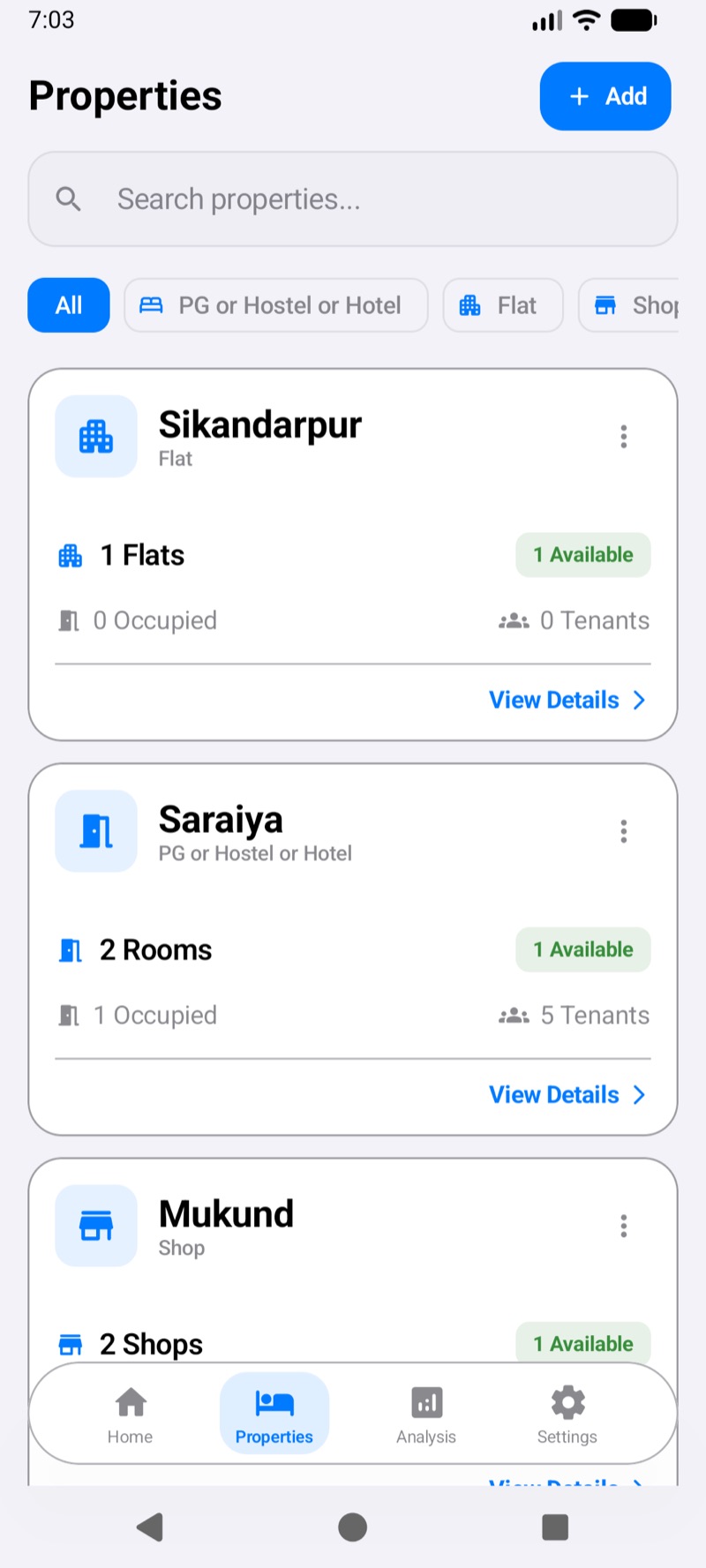 Supports Flats, PGs, Hostels & Shops main interface